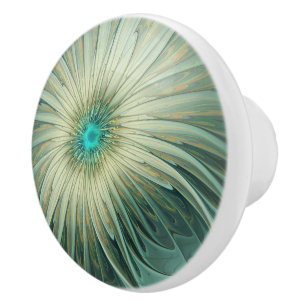Bouton De Porte En Céramique Art fractal de fleurs de fantaisie vert sauge abst