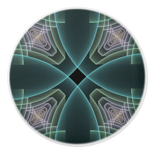 Bouton De Porte En Céramique Art graphique fractal géométrique sarcelle moderne