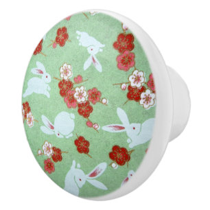 Bouton De Porte En Céramique Art japonais : Sakura et lapins verts