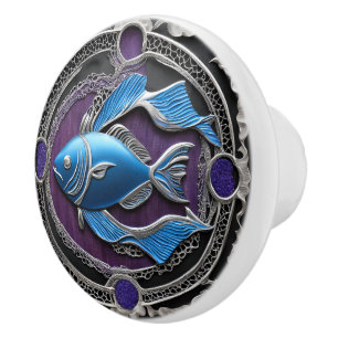 Bouton De Porte En Céramique Art Métalique Zodiaque Poissons Violet et Bleu