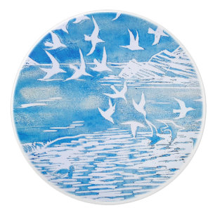 Bouton De Porte En Céramique Art moderne d'aquarelle d'oiseaux bleus de côte