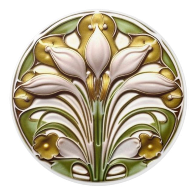 Bouton De Porte En Céramique Art Nouveau Abstrait Floral or blanc (Devant)