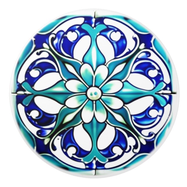 Bouton De Porte En Céramique Art Nouveau Blanc Aqua Bleu Géométrique (Devant)