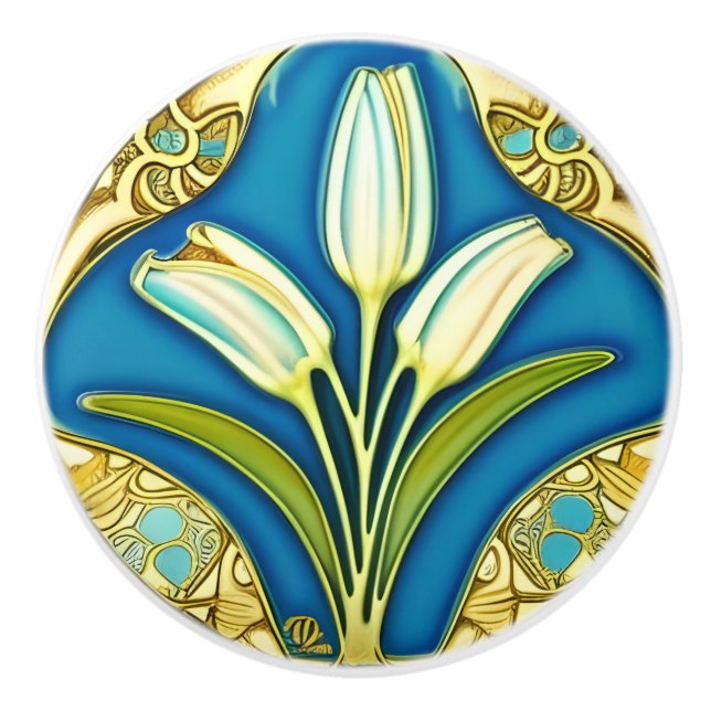 Bouton De Porte En Céramique Art Nouveau Blanc Stylisé Lily (Devant)