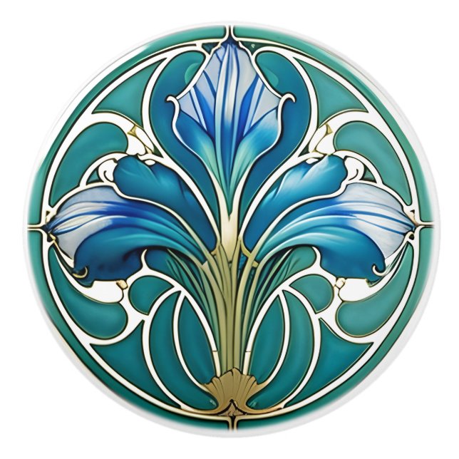 Bouton De Porte En Céramique Art Nouveau Bleu Stylisé Lily 2 (Devant)