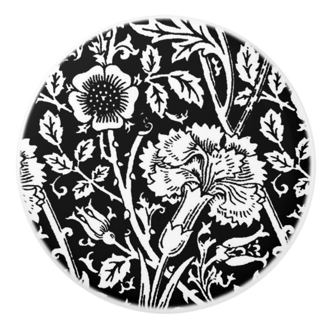 Bouton De Porte En Céramique Art nouveau Carnation Damask, noir et blanc (Devant)