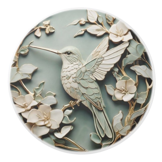 Bouton De Porte En Céramique Art Nouveau Faux relief gauche Colibri Bird Mint (Devant)
