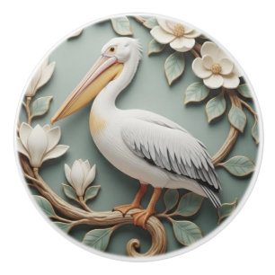 Bouton De Porte En Céramique Art Nouveau Faux Relief Menthe Oiseau Pélican