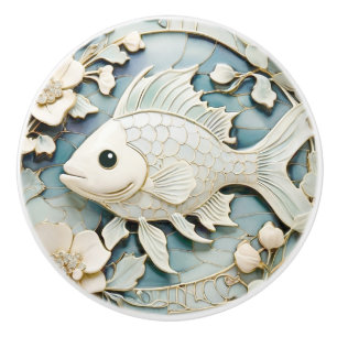 Bouton De Porte En Céramique Art Nouveau Faux Relief Océanique Poisson Face