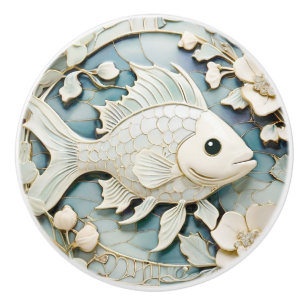 Bouton De Porte En Céramique Art Nouveau Faux Relief Océanique Poisson Face