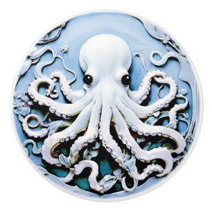 Bouton De Porte En Céramique Art Nouveau Faux Relief Octopus - Bleu & Blanc