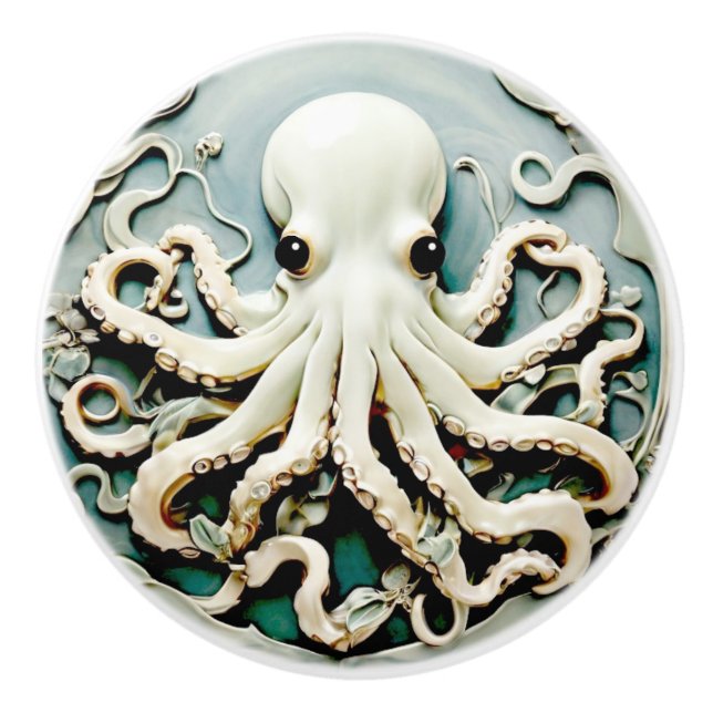 Bouton De Porte En Céramique Art Nouveau Faux Relief Octopus - Ocean Sea Life (Devant)