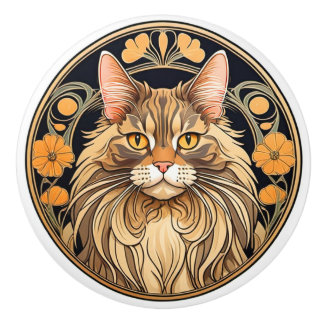 Bouton De Porte En Céramique Art Nouveau Maine Coon Cat