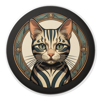 Bouton De Porte En Céramique Art Nouveau Striped Cat