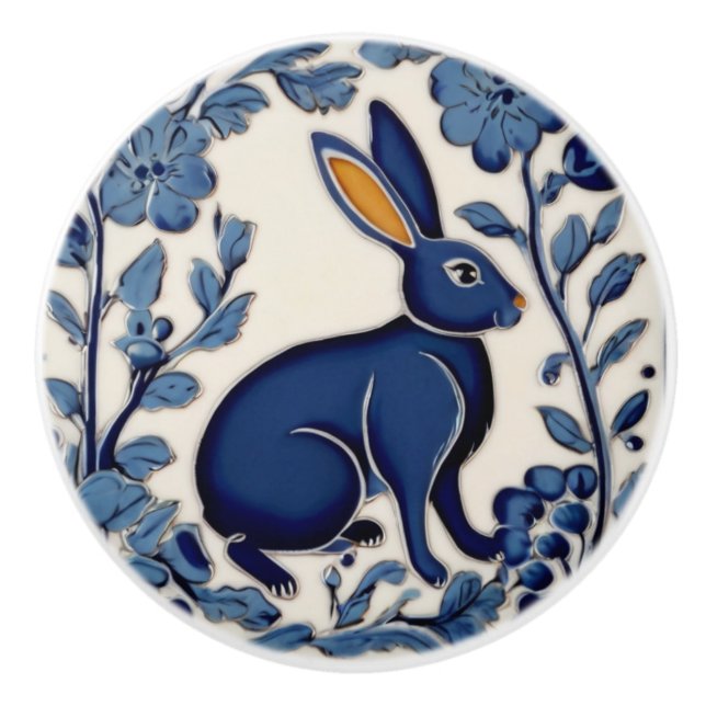 Bouton De Porte En Céramique Art populaire bleu et blanc lapin (Devant)