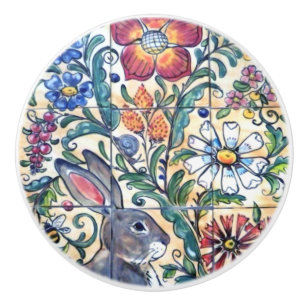 Bouton De Porte En Céramique Art populaire Rabbit Carrelage floral Coloré Sud-