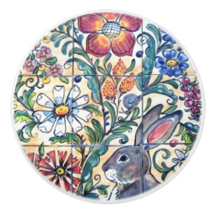 Bouton De Porte En Céramique Art populaire Rabbit Carrelage floral Coloré Sud-