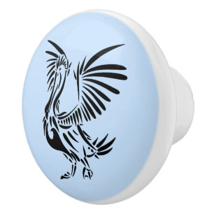 Bouton De Porte En Céramique Art tribal de pélican sur fond bleu