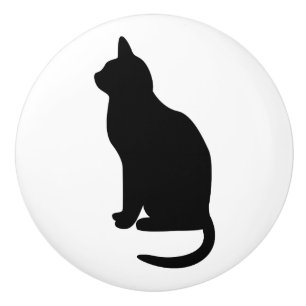 Bouton De Porte En Céramique Assis Chat noir face à gauche