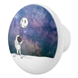 Bouton De Porte En Céramique Astronaute dans l'espace avec ballon lunaire cosmo