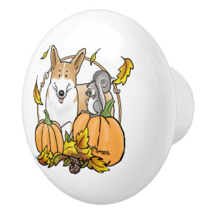 Bouton De Porte En Céramique Automne Pembroke Welsh Corgi (rouge 1) Citrouille