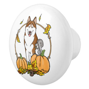 Bouton De Porte En Céramique Automne Sibérie Husky (rouge) Citrouille mignonne