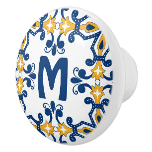 Bouton De Porte En Céramique Avec 💛 initial 💙 bleu et jaune Azulejos