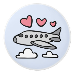 Bouton De Porte En Céramique Avion mignon aux coeurs rouges et aux nuages blanc