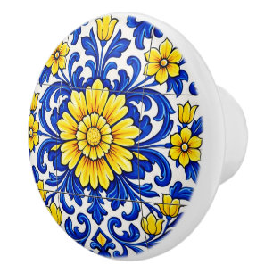 Bouton De Porte En Céramique Azul Flor Solene 