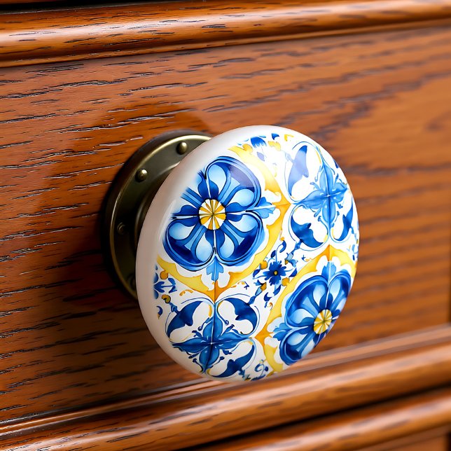 Bouton De Porte En Céramique 💙 💛 Azulejos Porto Bloom ( Azulejos Porto Bloom Ceramic Knob)
