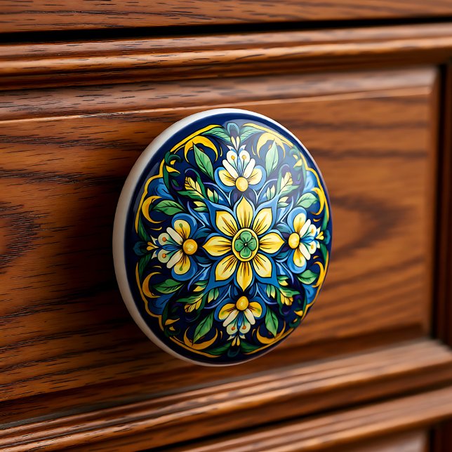 Bouton De Porte En Céramique 💙 💛 Azulejos Soleil andalou (Azulejos Andalusian Sun Ceramic Knob)
