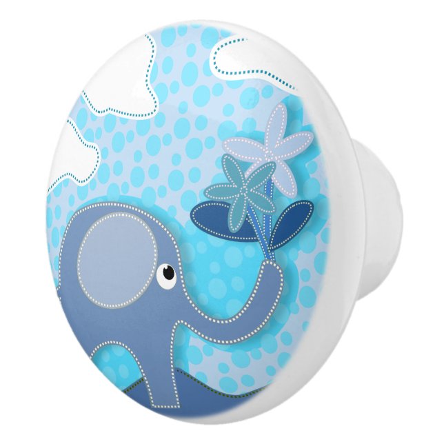 Bouton De Porte En Céramique Baby Blue Elephant et la pépinière de fleurs (Droite)