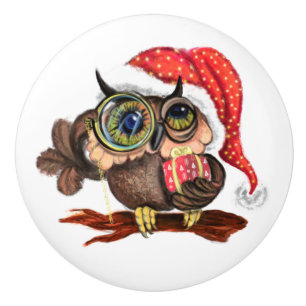 Bouton De Porte En Céramique Baby Owl In Christmas Casquette and Gift Ceramic K