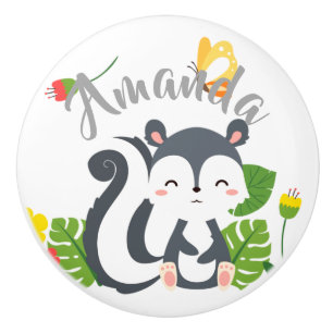 Bouton De Porte En Céramique Baby Skunk, Papillon & Fleurs