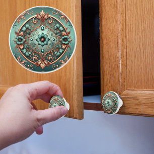 Bouton De Porte En Céramique Bagues et fleurs en cuivre et turquoise