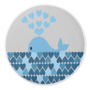Bouton De Porte En Céramique Baleine bleue et coeurs