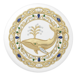 Bouton De Porte En Céramique Baleine Cristal Or 2Dgraphique Océan Mer Marine