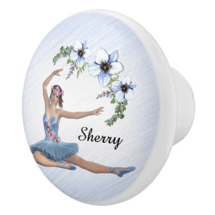 Bouton De Porte En Céramique Ballerina en bleu Nom personnel