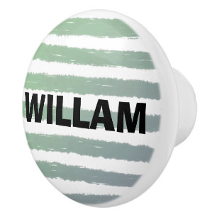 Bouton De Porte En Céramique Bandes aquarelles vert gris blanc Nom