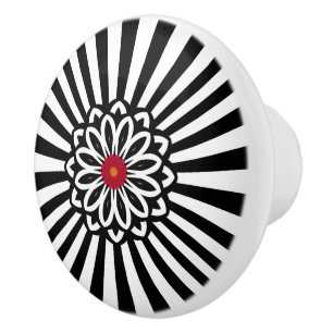 Bouton De Porte En Céramique Bandes noires et blanches rétro à deux fleurs