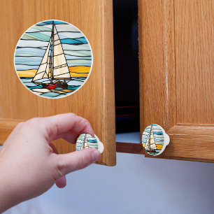 Bouton De Porte En Céramique Bateau à voile Faux Vitrail