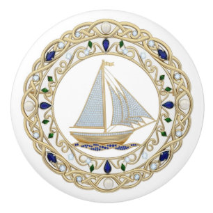 Bouton De Porte En Céramique Bateau à voile nautique en cristal doré Graphique