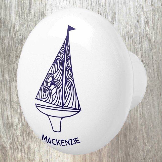 Bouton De Porte En Céramique Bateau à voile nom personnalisé (Personalized sailing boat yacht boat or name ceramic door pull or knob for boat, beach or lake house)
