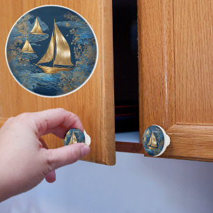 Bouton De Porte En Céramique Bateaux à voile d'or sur Blue Sea
