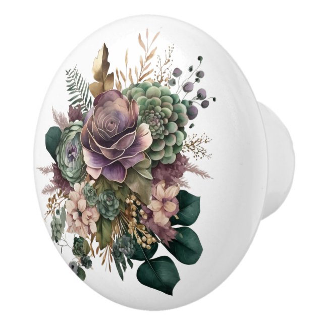 Bouton De Porte En Céramique Beau bouquet floral Turquoise et violet mélangé (Droite)