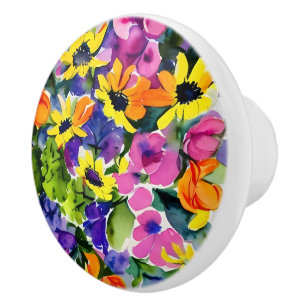 Bouton De Porte En Céramique Beau motif floral, jaune vif et rose,