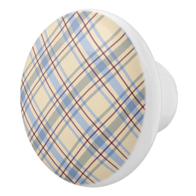 Bouton De Porte En Céramique Beau pastel écossais plaid beige et bleu (Droite)
