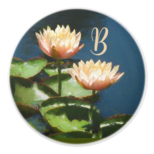 Bouton De Porte En Céramique Beau Peach Pink Blue Floral Tiroir Monogramme (Devant)