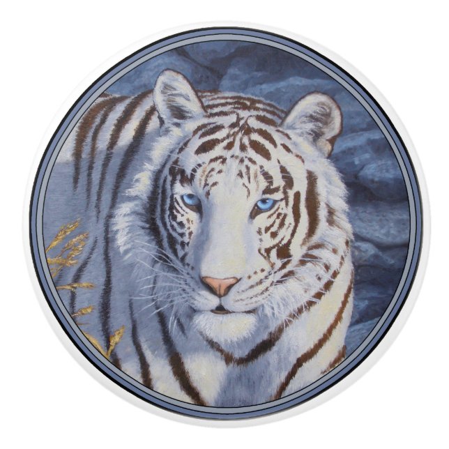 Bouton De Porte En Céramique Beau tigre blanc aux yeux bleu cristal (Devant)