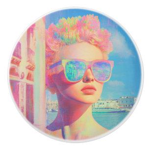 Bouton De Porte En Céramique Beauté côtière de Neon avec lunettes de soleil